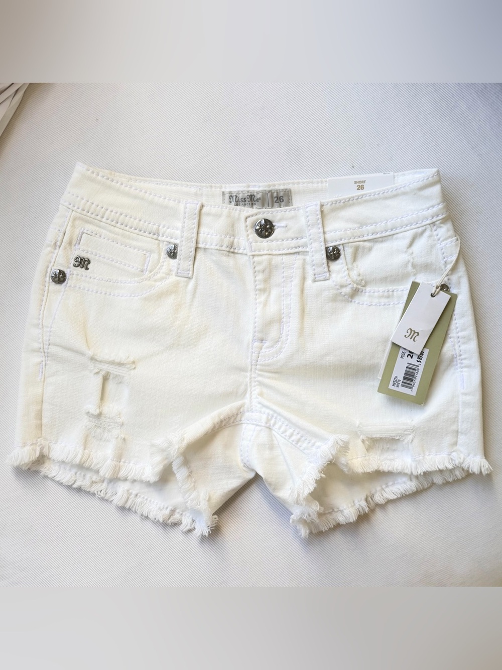 Miss Me Mid-Rise Shorts - Size 26 - White Slim Cut Off Denim Rhinestone Pockets